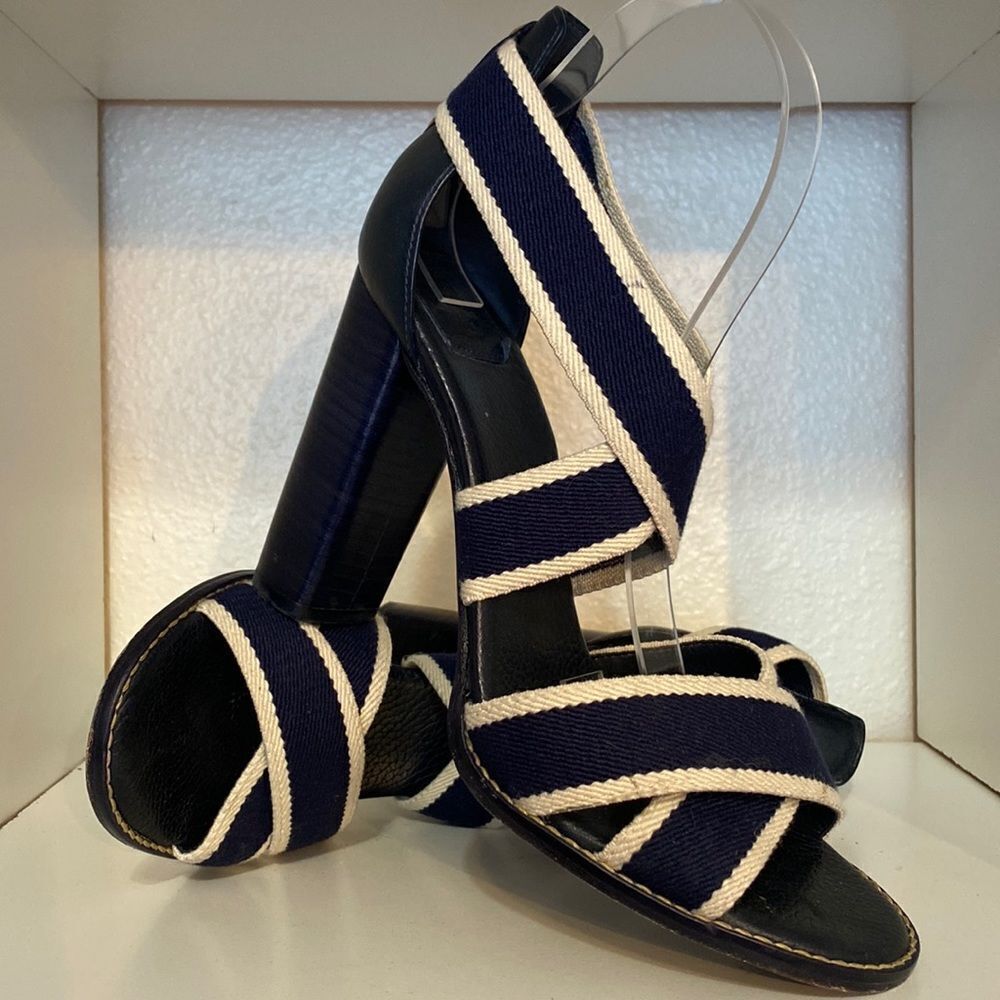 Tory & Burch Laurie Striped Block Heel Sandals Nautical Canvas Crisscross Heels